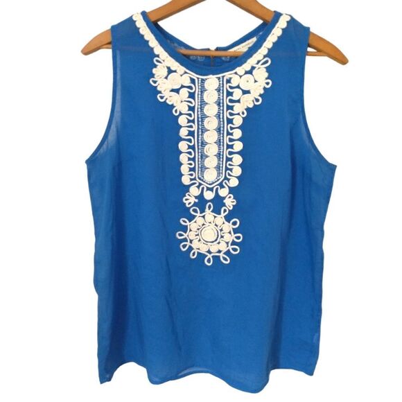 Banana Republic Top Sz 8 Gauzy Sheer Cotton Embroidery Sleeveless Zipper Blue. - Picture 2 of 16